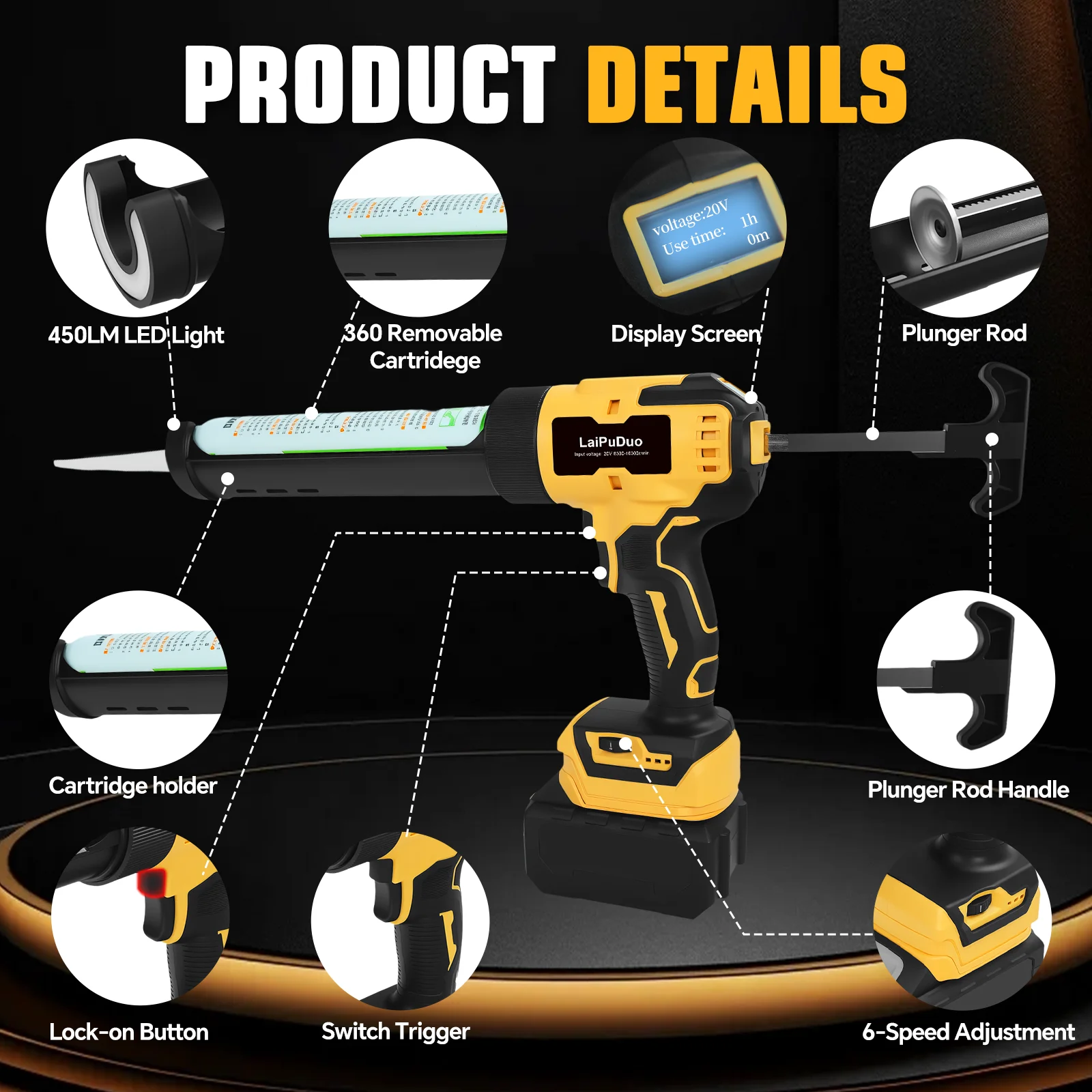

Электрический беспроводной пистолет для герметика, инструмент для герметизации дверей и окон, 6 скоростей, для силиконового герметика, совместим с аккумулятором Dewalt 20V.