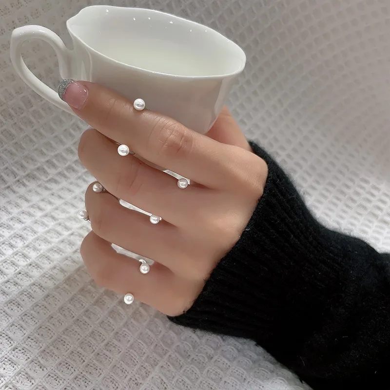 Smile Pearl Open Thin Band Ring Dainty Adjustable Stackable Finger Rings Women Minimalist Jewelry Gift Boho