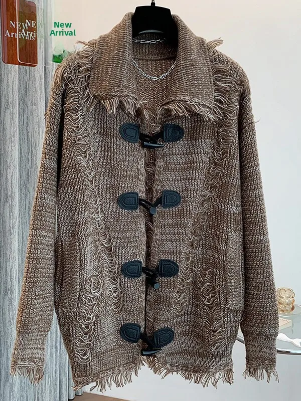 فضفاضة تناسب سترة مشغولة من الصوف المرأة عادية Sle الخريف الشتاء جديد وصول المتوترة شرابة زر حتى أعلى كسول شيك ملابس خارجية #3