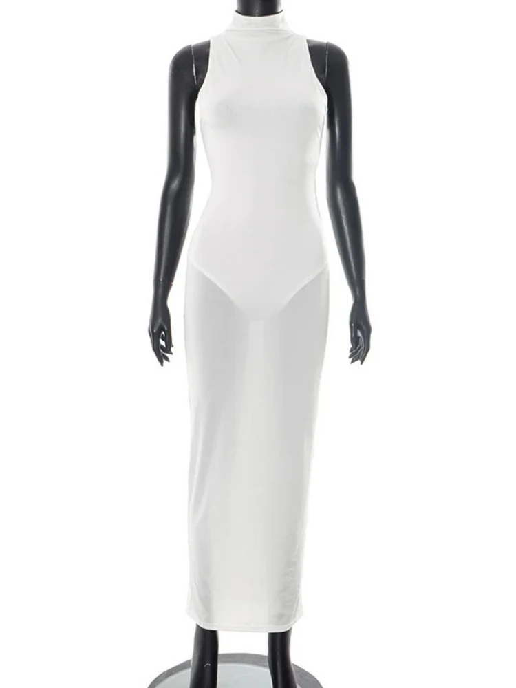 Xiaomiotang verão moda fora do ombro sexy maxi vestido feminino ver através de gola alta sem mangas bodycon clube praia vestido longo