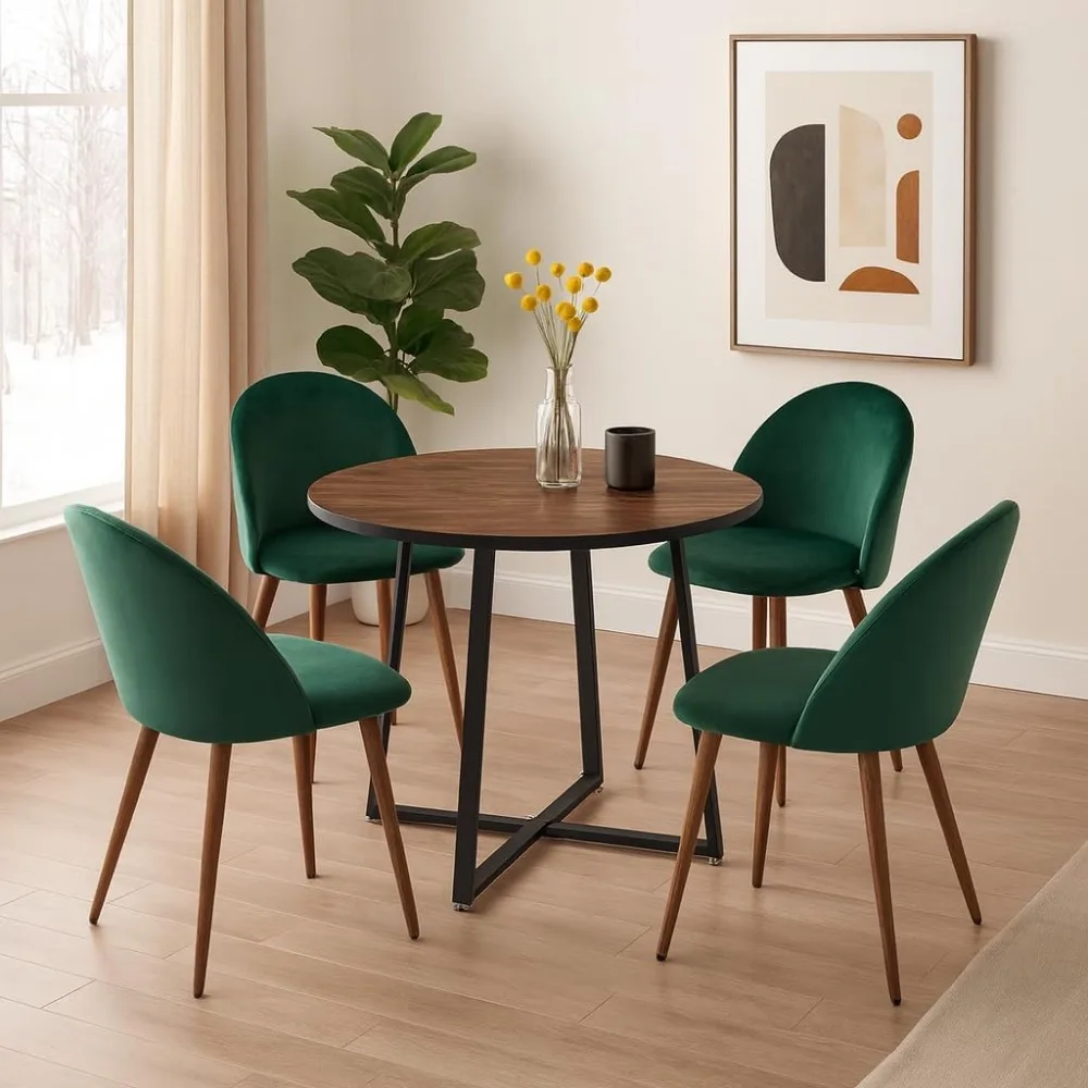 

5-Piece Modern Round Dining Table Set, 35'' Wooden Table with 4 Velvet Upholstered Chairs, Compact Space-Saving Furniture