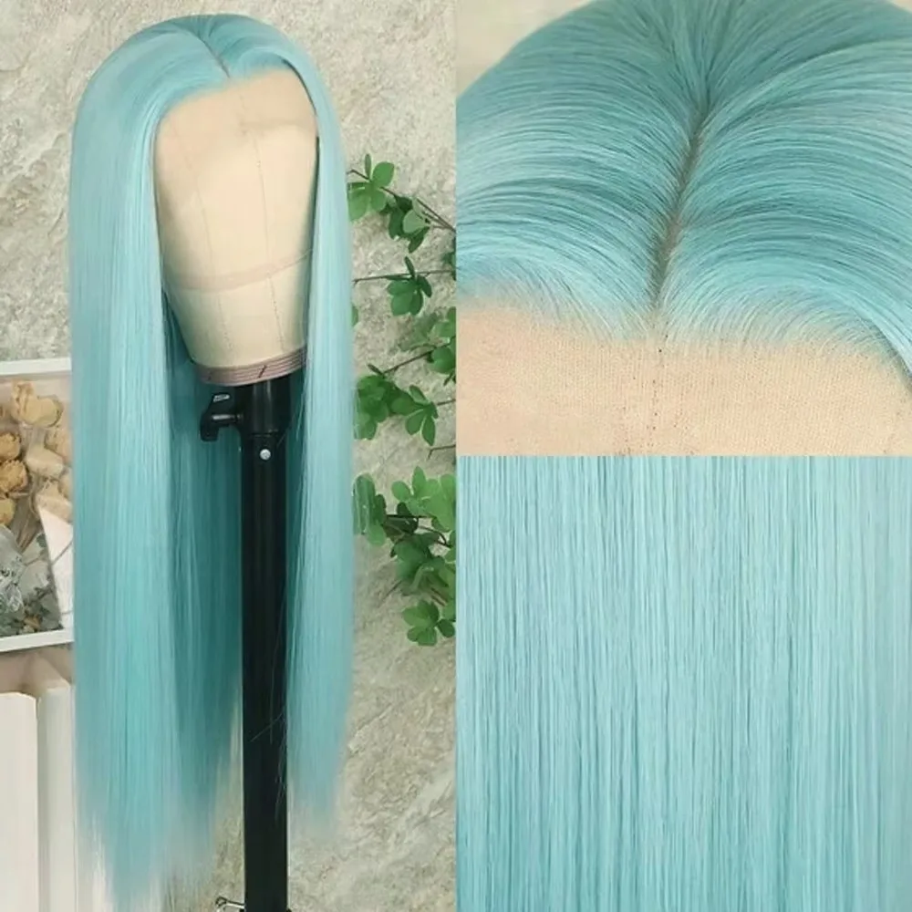 Blue Green 13x4 Hd Synthetic Lace Front Wig Bone Straight Colored Heat Resistant Glueless Preplucked Lace Wigs For Women Party