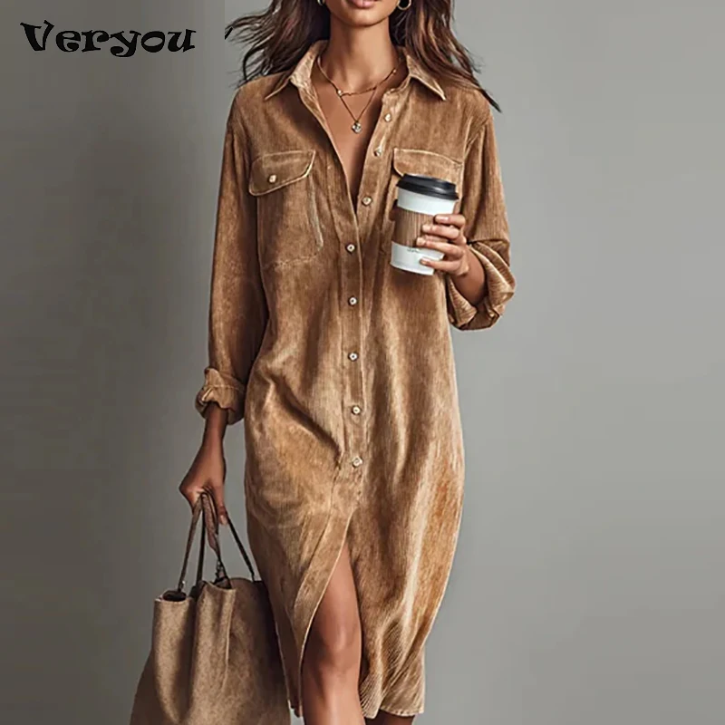 가을 겨울 코듀로이 버튼 셔츠 드레스 여성 캐주얼 턴다운 칼라 긴팔 미니 드레스 여성 파티 드레스