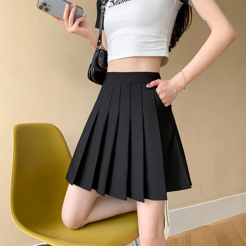 Polyester Short Skirts For Women Pleated A Line Flare Skirts Woman Show Slimming Effect Elastic High Waist Women's Mini Skirt