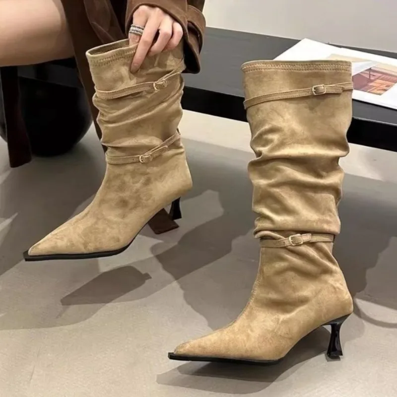 

Женские высокие сапоги с острым носком на высоком каблуке. Зимняя мода 2021. Замшевая обувь. Дизайнерские новые тенденции. Элегантные туфли-лодочки для вечеринок. Zapatillas Mujer.