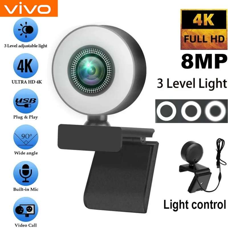 

VIVO 4K 1080P Webcam Light Control Full HD 8MP PC Laptop Auto Focus Live Streaming Flexible with Microphone Live Broadcast