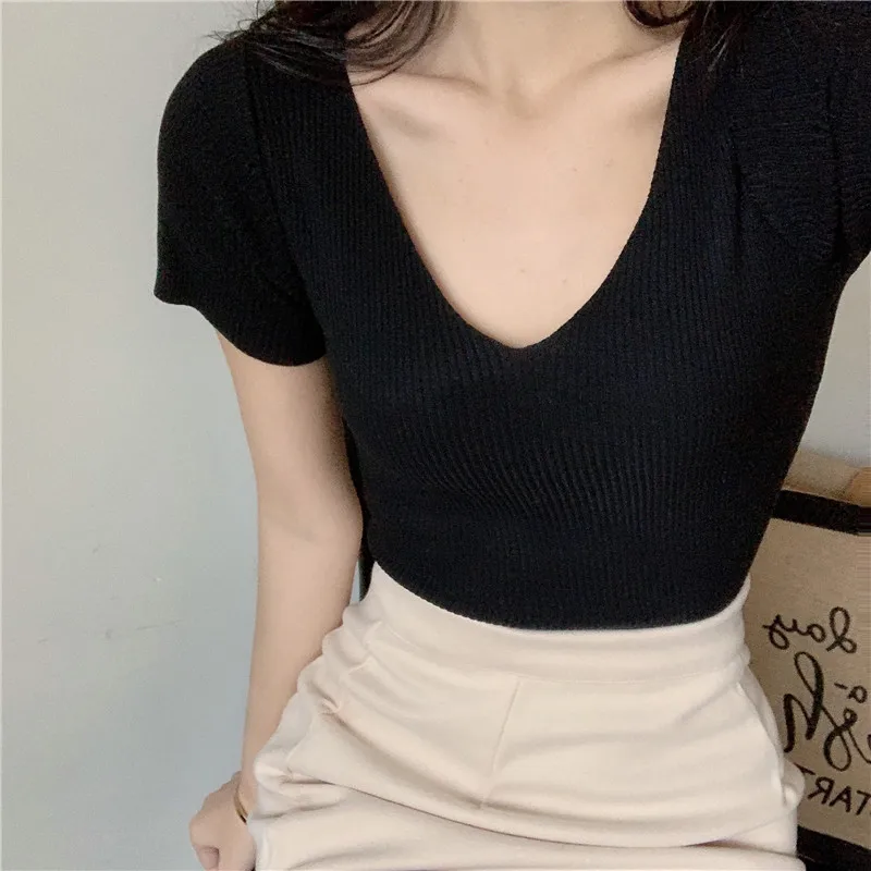 Summer Women Knitted T-Shirts Short Sleeve Shirts Pullover Tops Female Elastic Slim Casual Knit Tee Crop Tops Women\'s T-Shirts