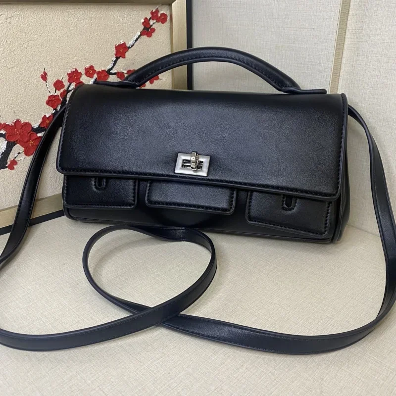 

Luxury Genuine Leather Fashion Handbag Simple Versatile Premium Texture Tote Bag Horizontal Square Lady Solid Color Lock Bag