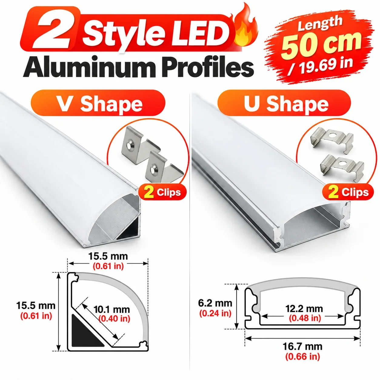 LED 50cm Aluminium Channel for Led Strip V/U Shape Aluminum Profile with Diffuser Milky PC Cover,LED Bar Strips Light Holder