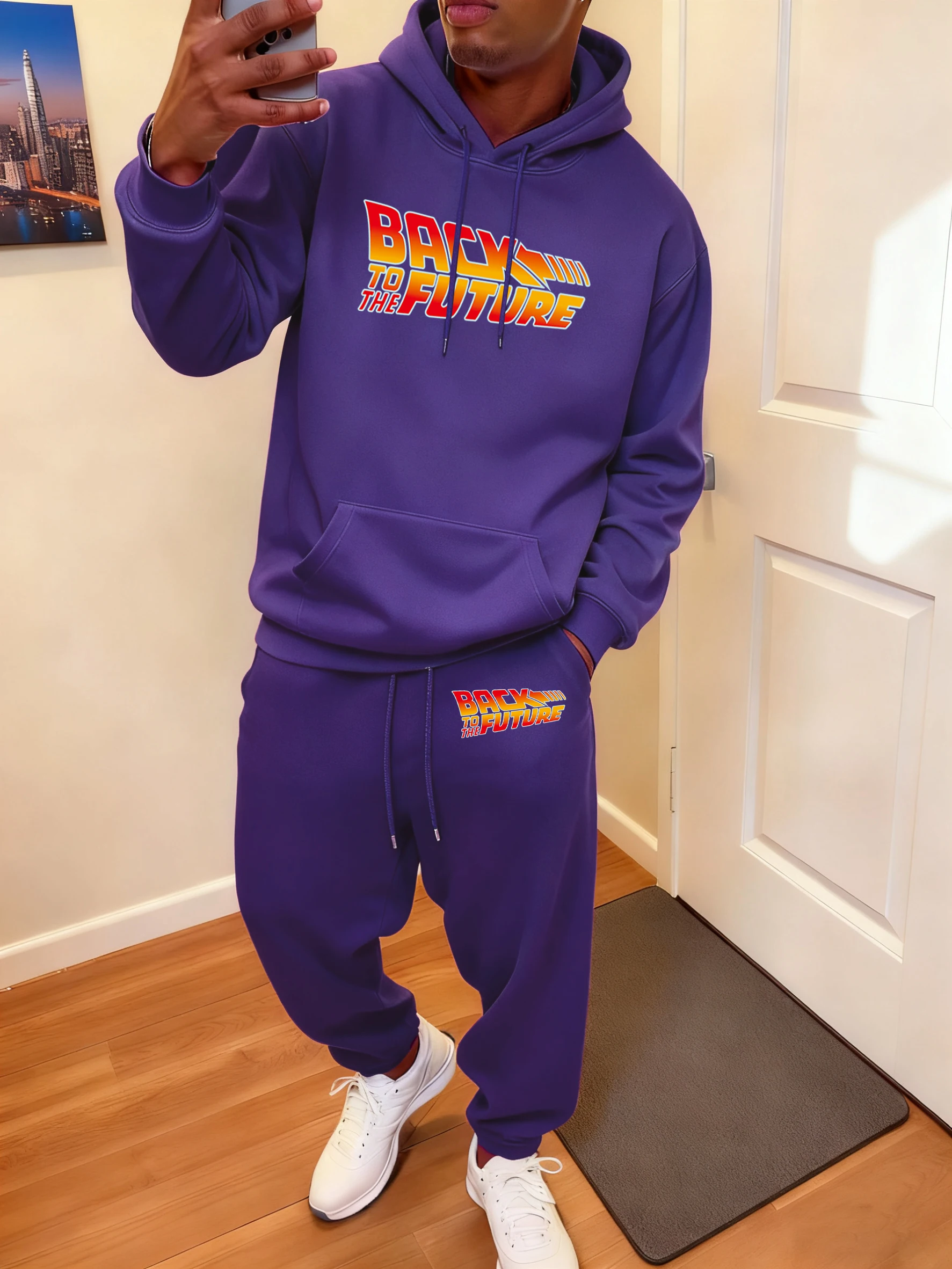 

Back To The Future Printed Man Hoodie Set Street Comfy Sportswear Fleece Warm Sweatpants Casual All-Match Pants Winter 2Pc Sets