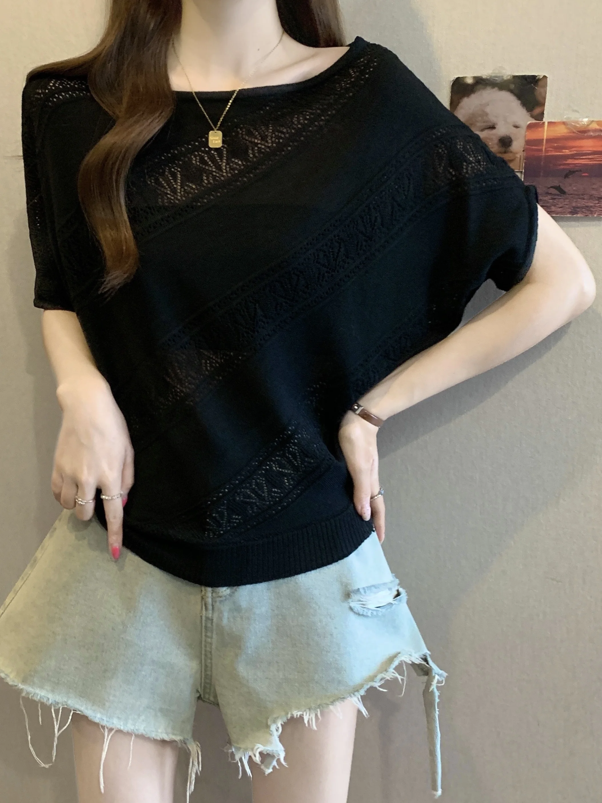 Shoulder Bared Ice Silk T Shirt Women's Thin Summer Large Size Fat MM Design Sense Hollow out Top Outer Covering Kimono