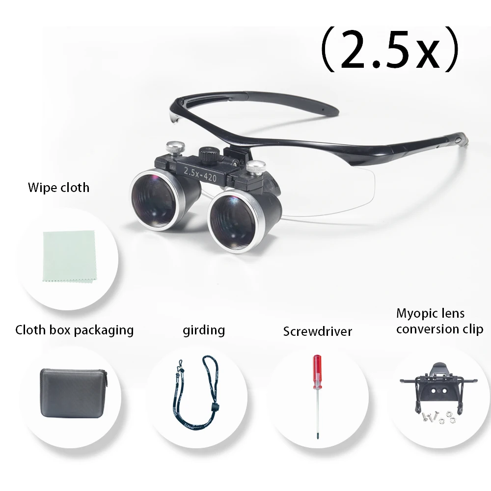 Zahnmedizin-Fernglaslupe, 2,5 x 3,5 x, ultraleichte optische Lupen, 320–420 mm Lupe für Zahnchirurgie