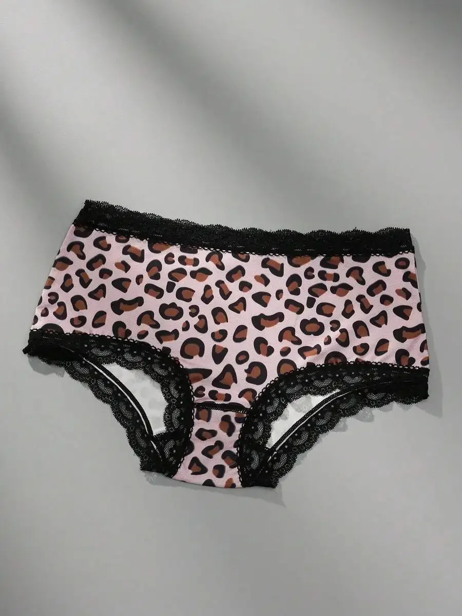 

Leopard Print Lace Trim Womens Brief Panties