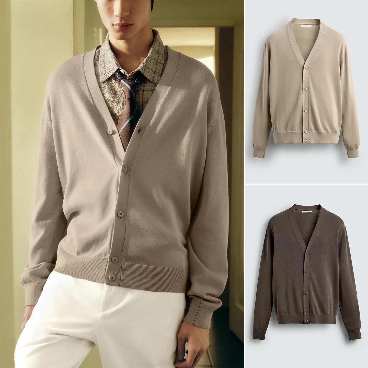 

Новый осенний мужской свободный длинный све V-Ne текстурированный открытый кардиган из полиэфирного волокна повседневный удобный дышащий вязаный свитер