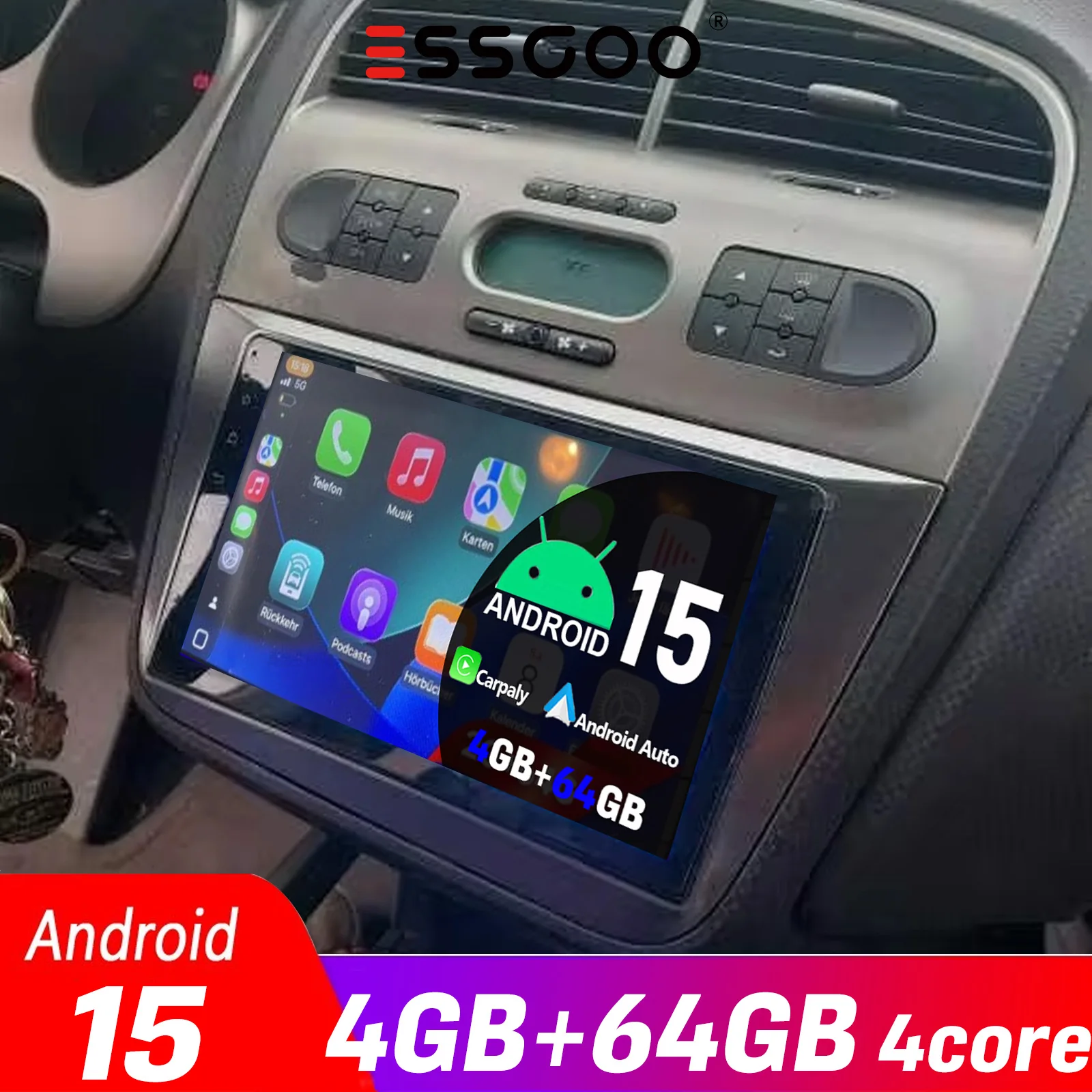 4GB+64GB 2 DIN Auto-Multimedia 9' Für Seat Altea 2004 2005 2006 2007 2008 2009 2010 2011 2012 2013 2014 2015 Video-Player Stereo GPS Android 15 2din Carplay Android Auto Autoradio ESSGOO