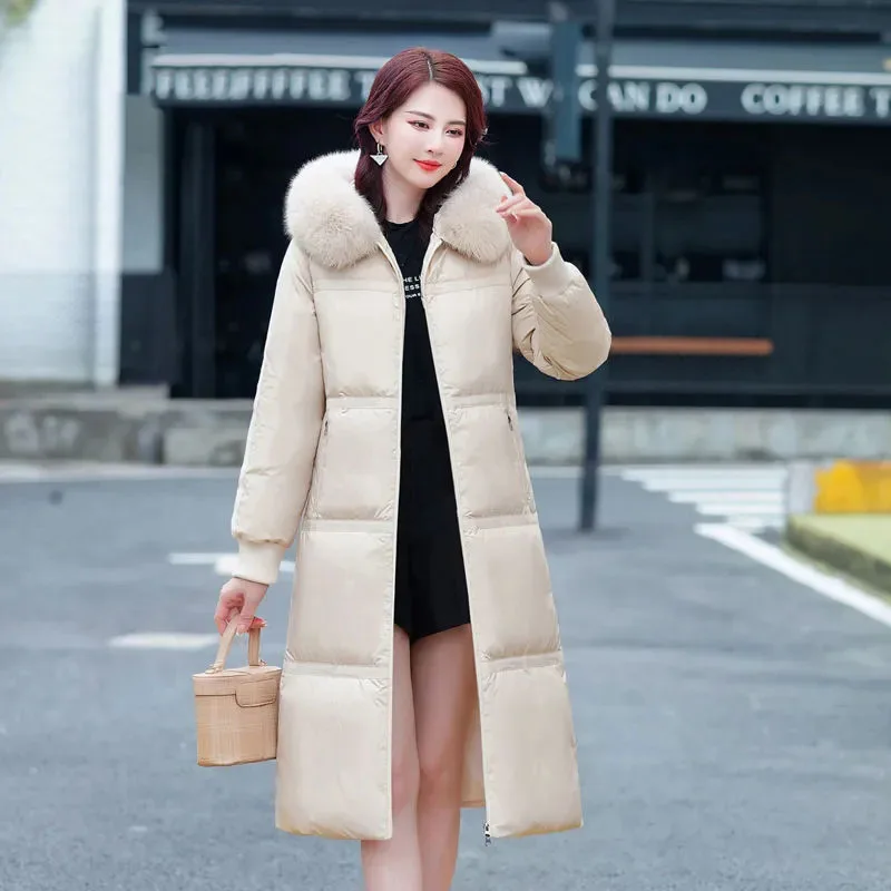 Fashion Over The Knee Long Loose Temperament Down  Women's 2022 New Winter Hooded Big Fur Collar Warm Casual  Women