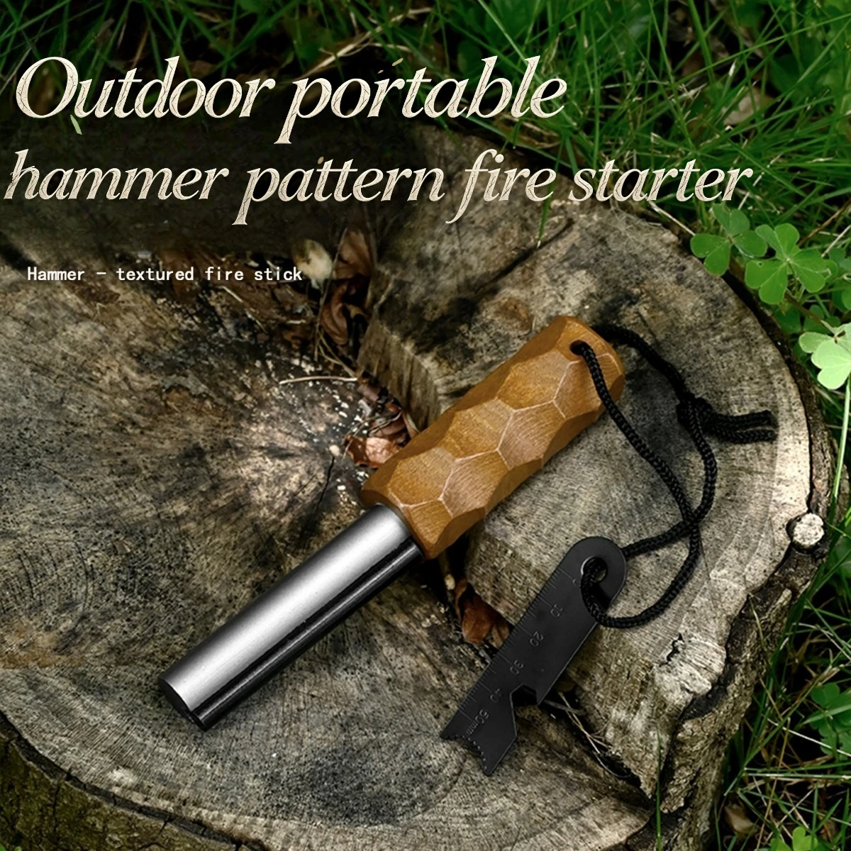 Wooden Handle Fire Starter Ferro Rod, Portable Magnesium Fire Steel for Camping Survival Hammer-Textured Fire Stick with Scraper