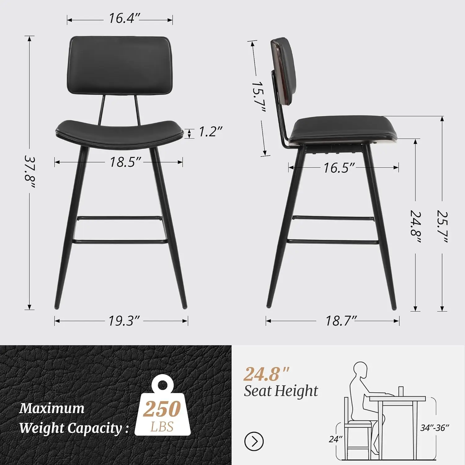 Bentwood Counter Height Bar Stools, Faux Leather Upholstered Barstools with Back, Footrest and Metal Legs, Bar Chairs 24.5 Inch