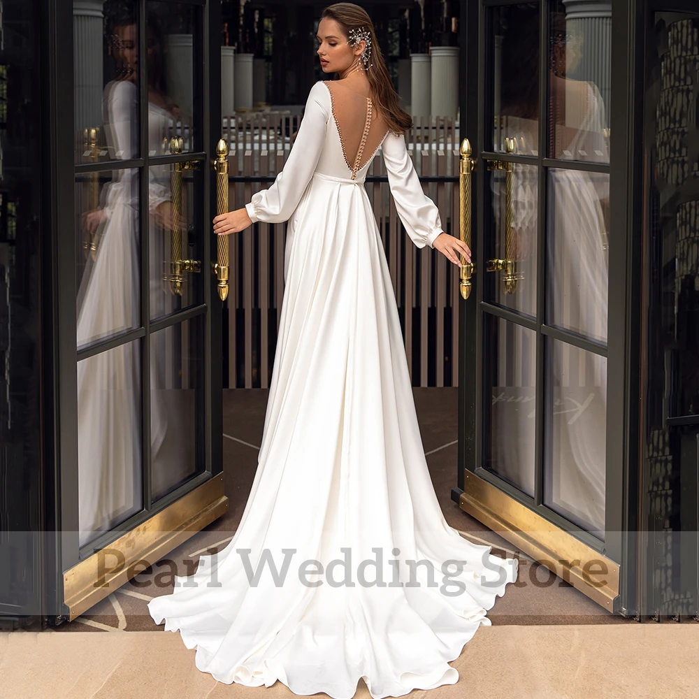 Scoop Neck Long Sleeve Mermaid Wedding Dress Bride Jersey Floor Length with Sweep Train Bridal Formal Marriage Beading Gowns