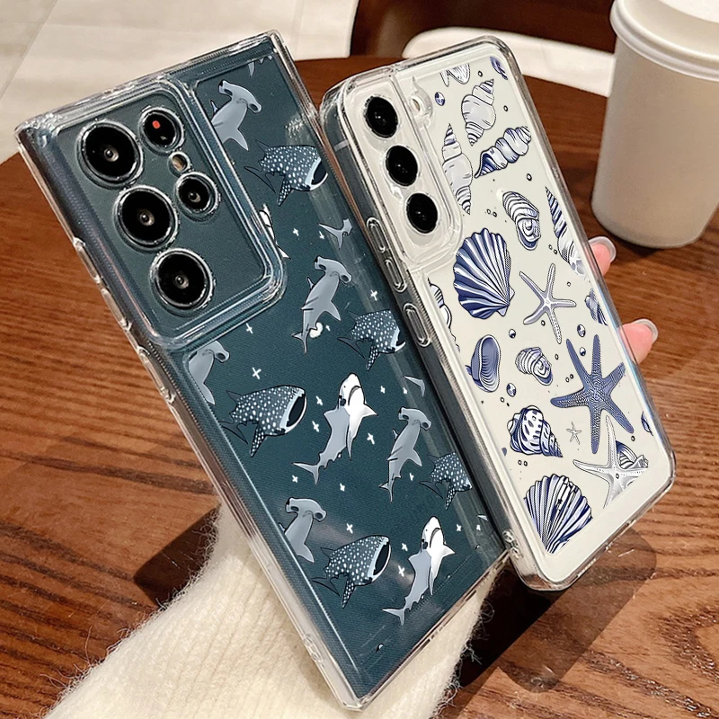 เคสโทรศัพท์ซิลิโคนลายฉลามสำหรับ Samsung Galaxy S25 Edge S23 S24 Ultra S22 S24 FE A17 A55 A56 A16 A26 A36 A35 A15 แบบใส