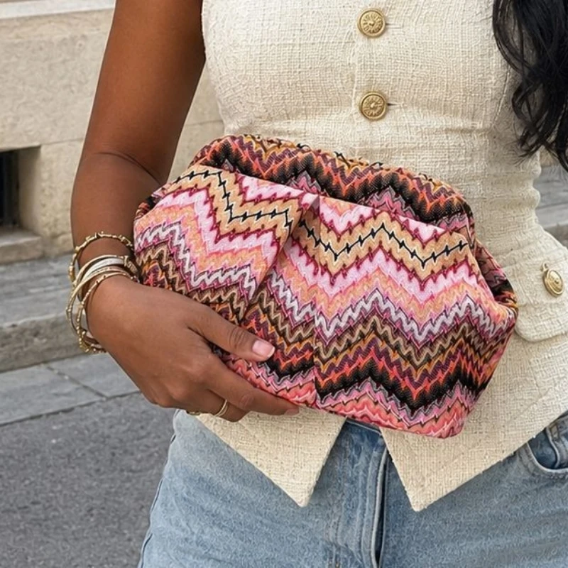 Summer Bohemian Pleated Clutch Bag Fashionable Color-Blocking Pleated Cloud Bag Elegant Socialite Evening Party Wedding Bag