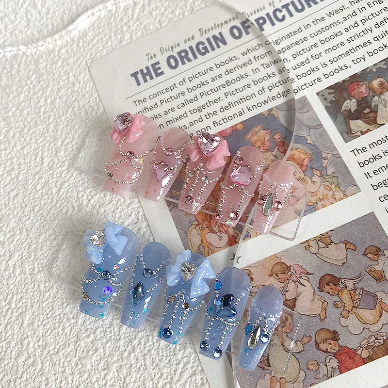10PCS Handmade Coffin Shaped Nails, Beautiful Fake Nails, Charming Pink and Blue Nail Art, Butterfly, Suitable for Women to Use image 4