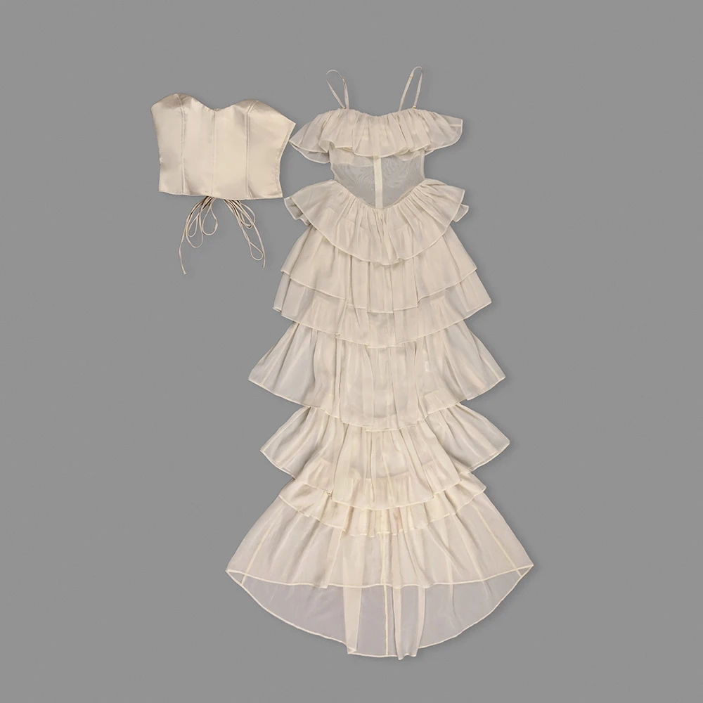 VC-Ensemble 2 pièces élégant pour femmes, corset à lacets et col slash, robe longue gâteau, vêtements féminins en mousseline de soie