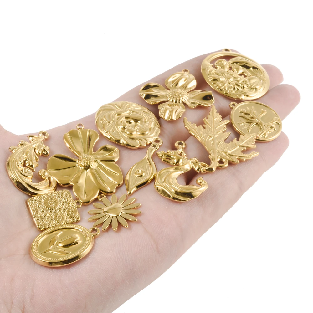 5pcs Gold Color Plant Charm Leaf Flower Feather Wings Tree Of Life Stainless Steel Pendants For Jewelry Making Necklace Supplies