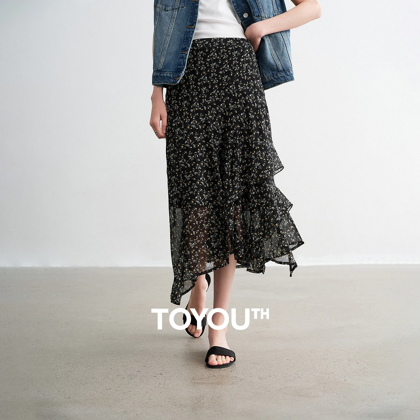 

Женская шифоновая юбка TOYOUTH, весна 2026, новая, черная, с цветочным принтом, романтичная, многоярусная, с оборками, в стиле «торт»