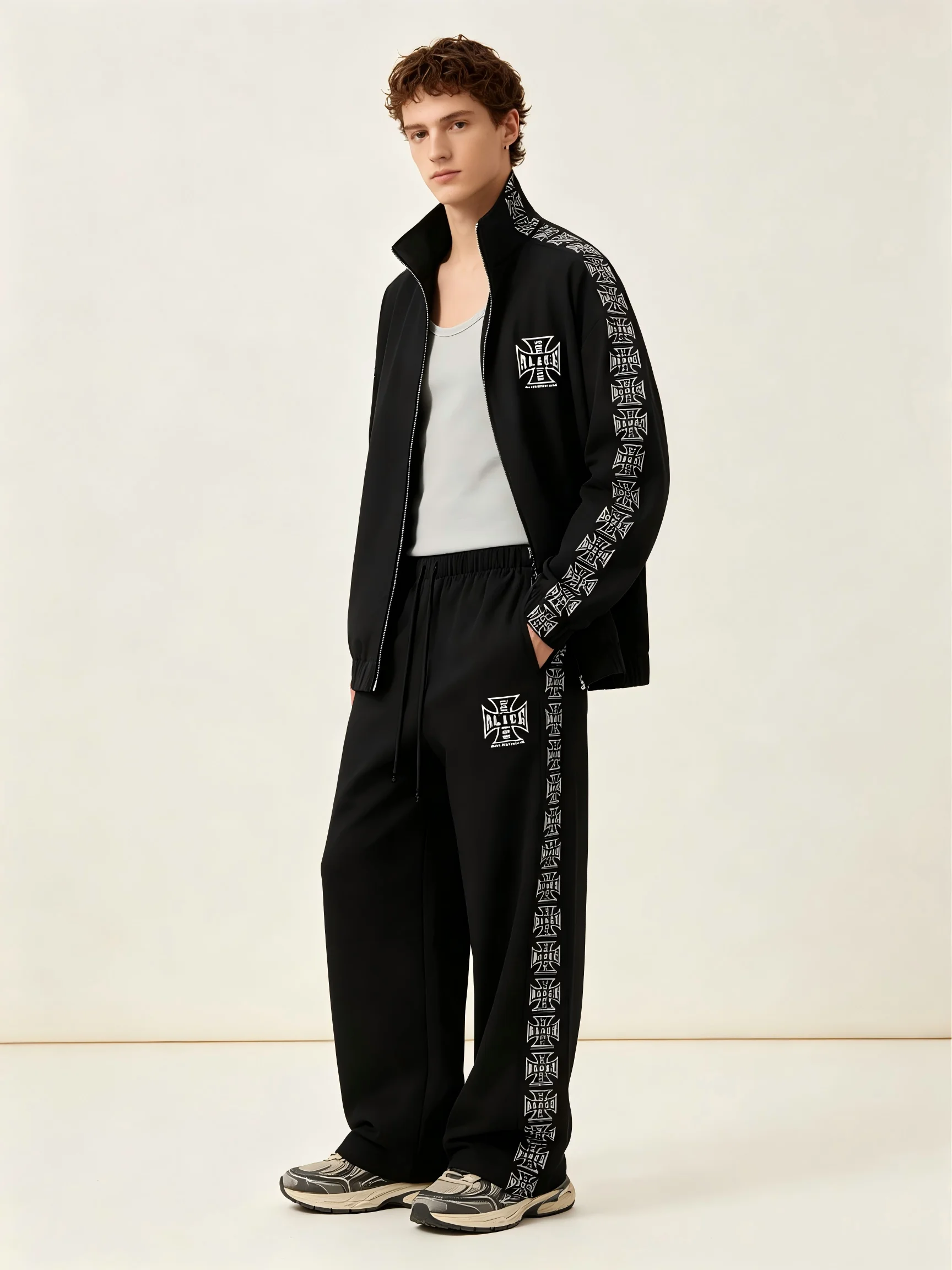 INS High Street Loose Stand-Collar Sweater 2026 Spring Outer Set, Trendy Gothic Street Cardigan Printed Sweater