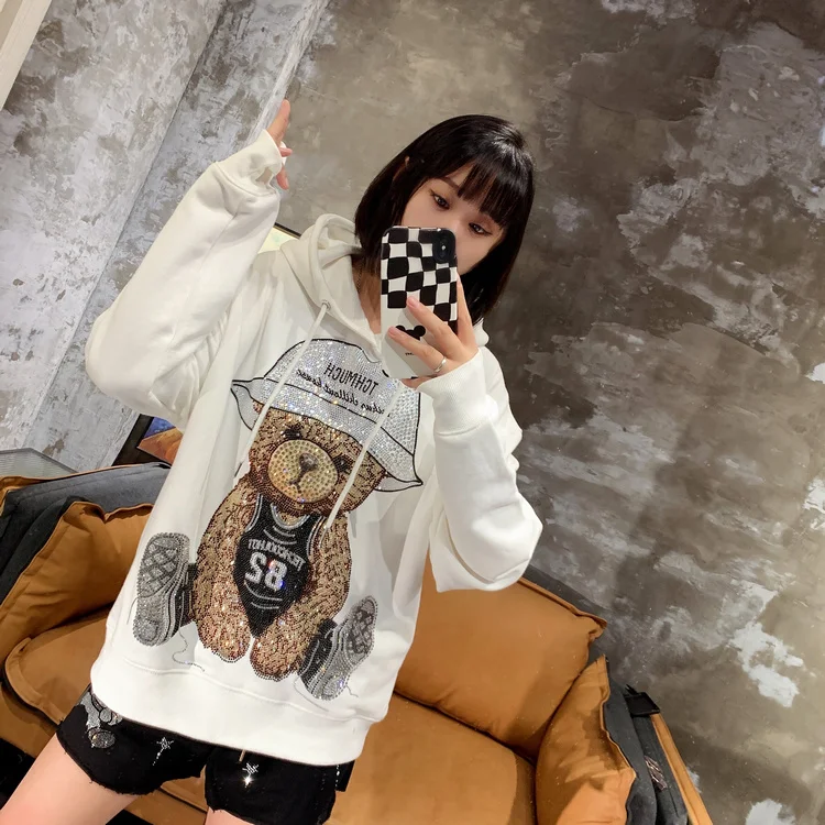 Men Women White Hooded Sweatshirt Rhinestone Bear Big Wings Casual Unisex Hoodie Trendy Streetwear Long Sleeve Pullovers Top