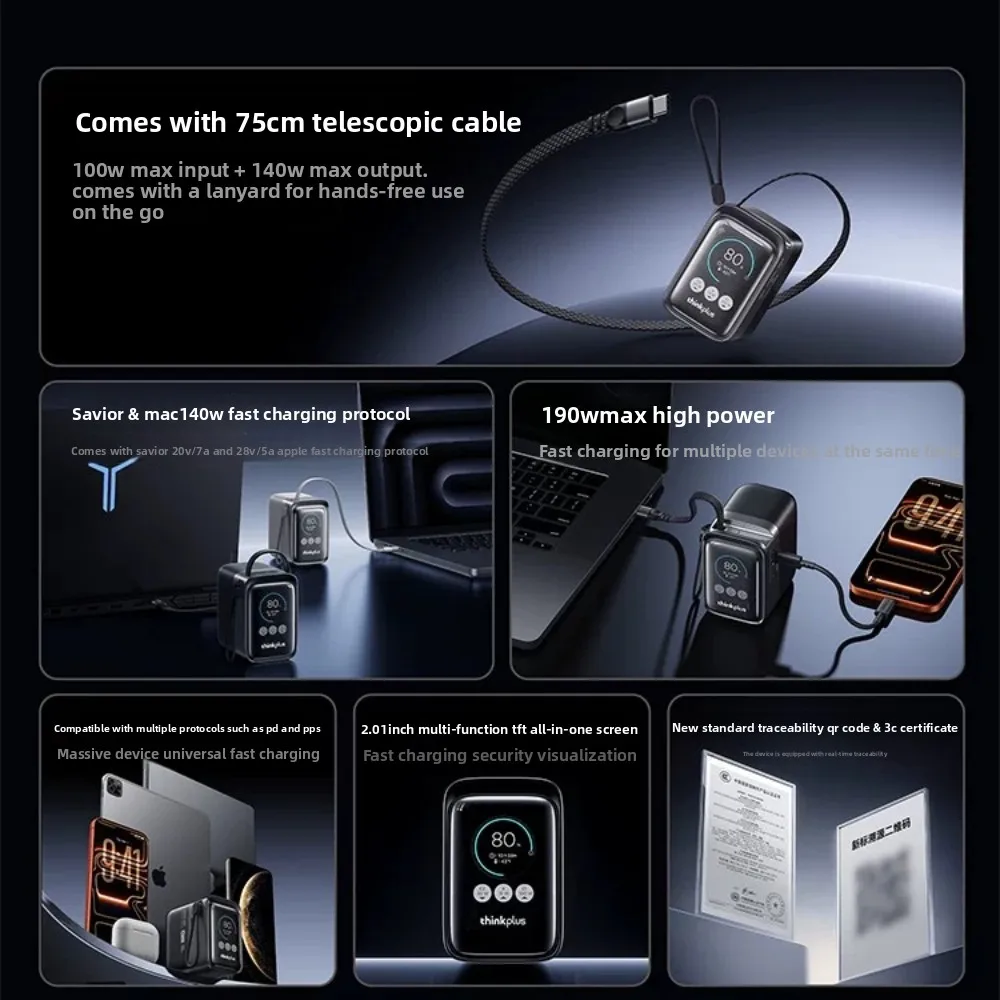 NewThinkPlus 190W Power Bank 20000mAh Portable Charger with Retractable Cable 60W Fast Charge Airplane Allowed for IPhone18 Gift