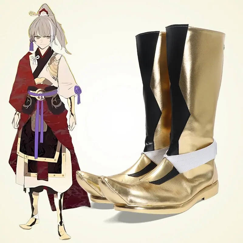 Anime Fate/Samurai Remnant Zhou Yu Cosplay Shoes Golden Medium-Long PU Leather Boots For Halloween Carnival