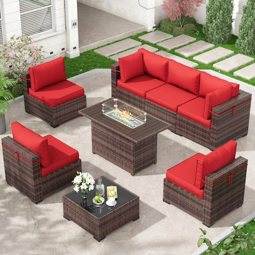 

8 Piece Outdoor Patio Furniture Set with 44” Fire Pit Table Rattan Conversation Sectional Sets, Patio Couch with Tempered Glass
