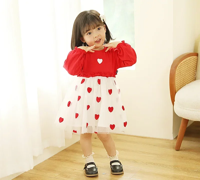 Ropa De Niña Dress for Girls Autumn Red Girl Princess Dress Fashion Mesh Dresses Casual Party Dresses Children Clothes Vestidos