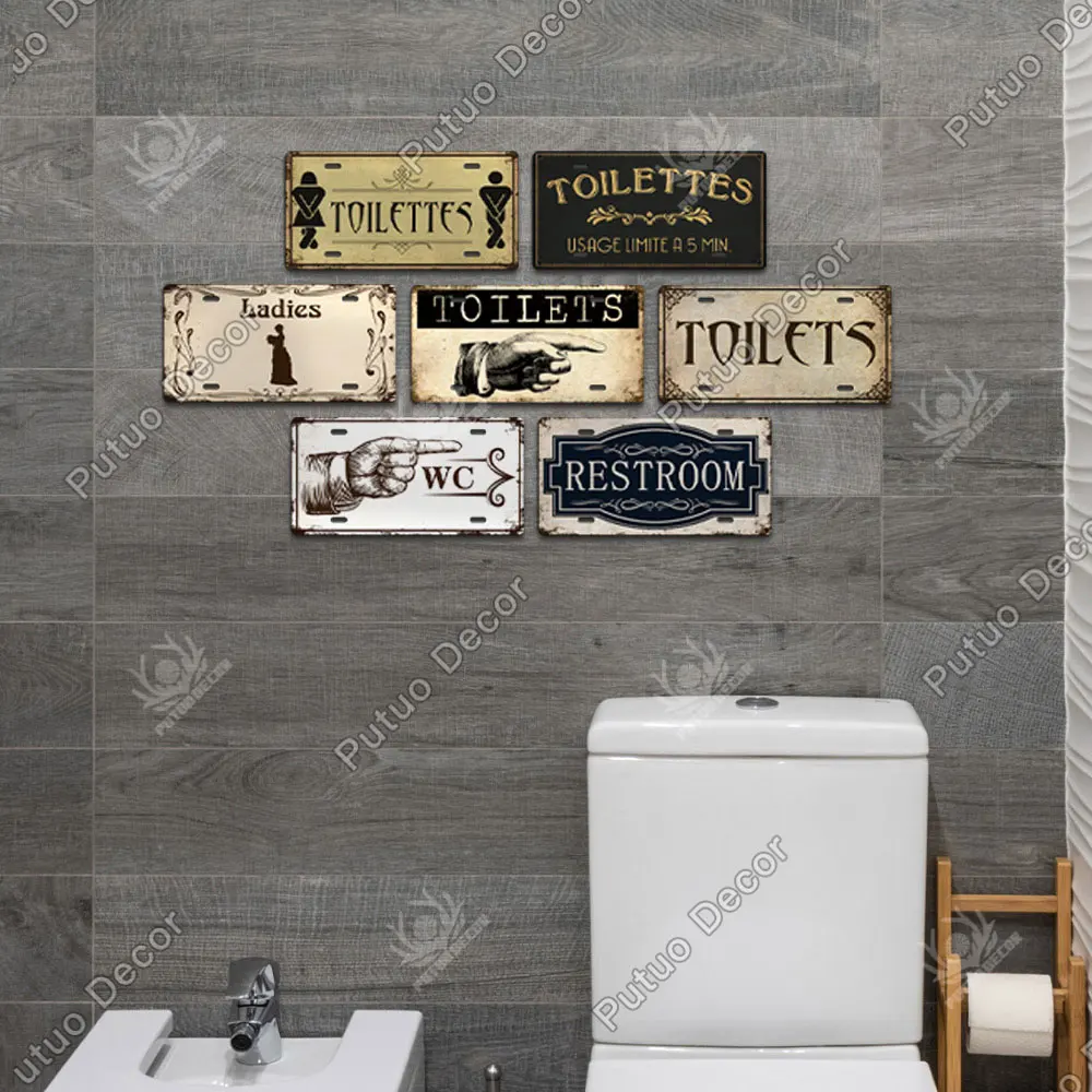 Putuo Decor Restroom Metal Placa de Metal Vintage License Plate para Bar Club WC Banheiro Banheiro Toilettes Porta Decor