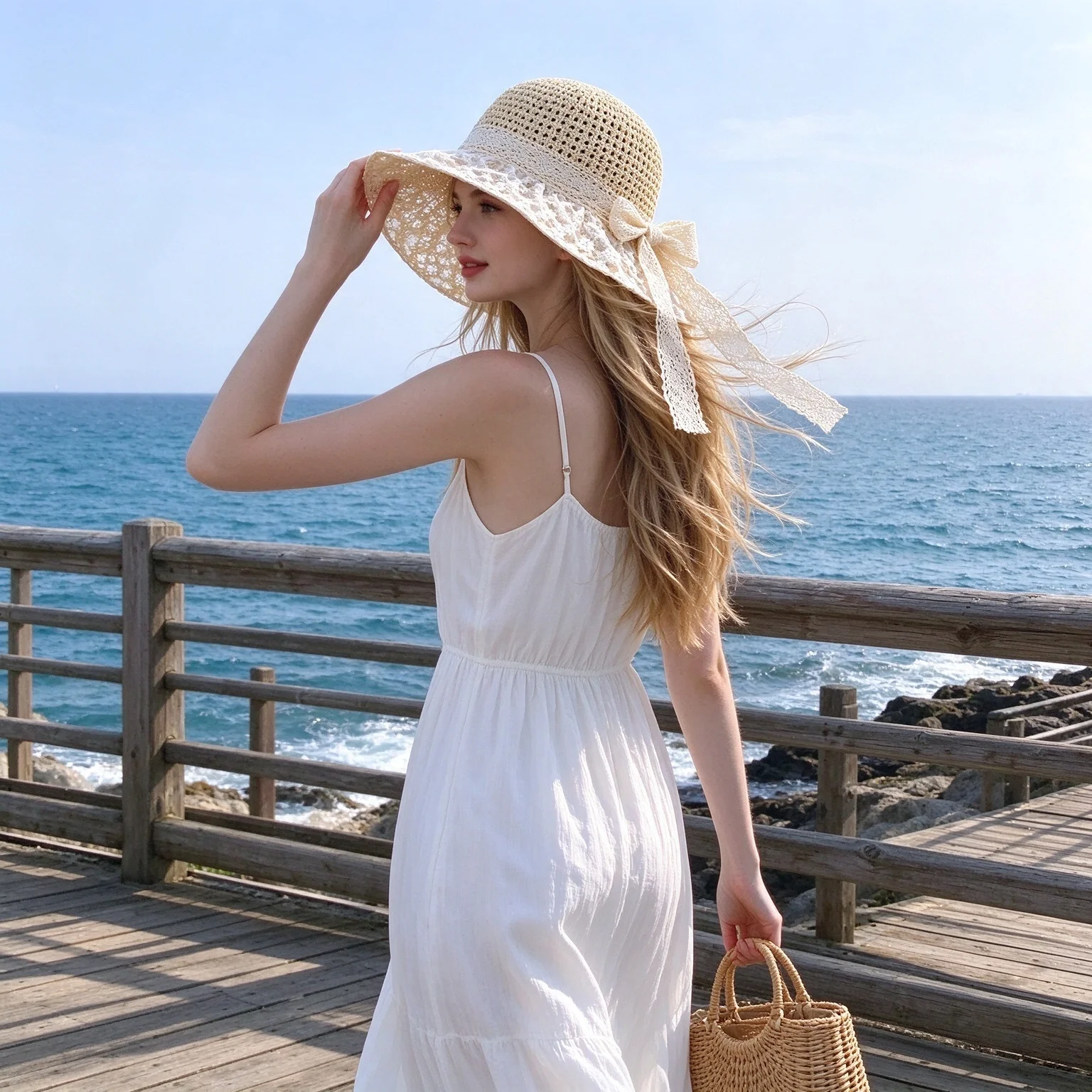 Lace bow straw woven hat, fresh countryside style, large eave sunshade, women's summer travel sunshade straw hat