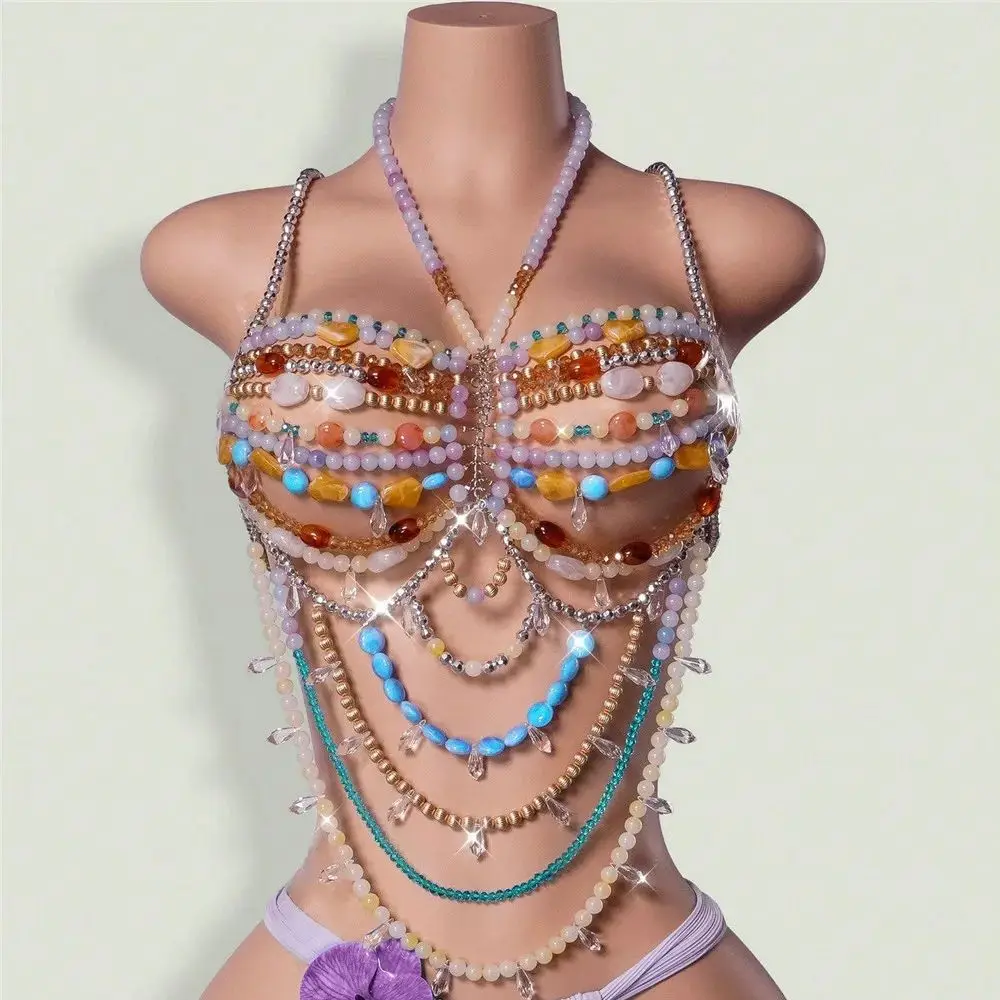 

New Rainbow Gradient Gemstone Body Chain Handmade Beaded Openwork Halter Neck Top Spicy Girl Backless Slimming Chest Chain