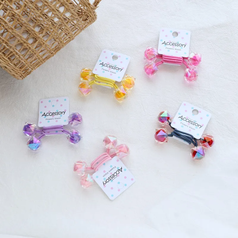 2pcs/lot Korean ornaments candy colored square rubber band children\'s hair ornaments beads hair rings double hair rope