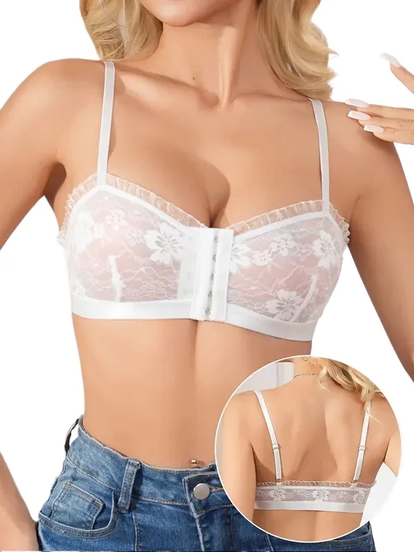 1pcs 2026 New Style White Sexy Lace Floral Lady Bras No Pad Wire-Free Sexy Lingerie Ruffle Decor Front Closure Female Underwear