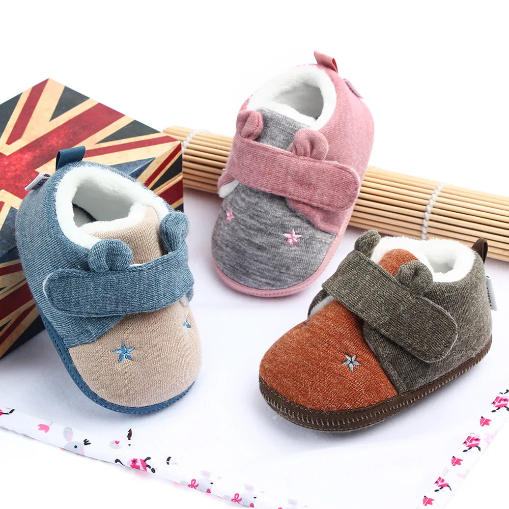 Baby Shoes for Spring and Autumn Winter Warm Lining Prewalking Infant Shoes Soft Cotton Cute Stars for 0-12 Month 11cm/12cm/13cm