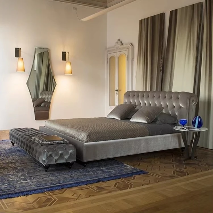 yp-Modern Chesterfield Tufted Bed, Upholstered Velvet Fabric Platform Bed with Scroll Arms for Bedroom and Hotel-