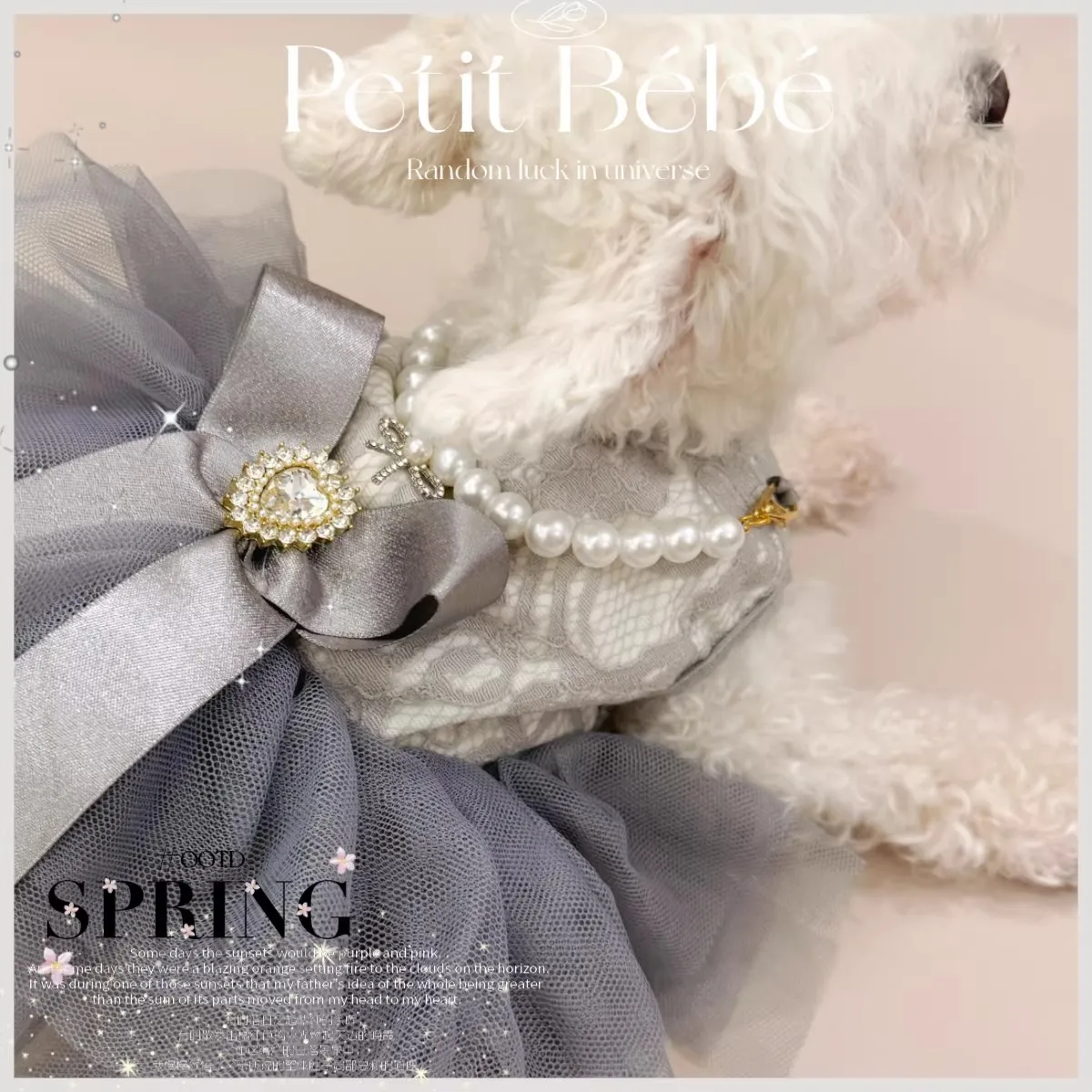 

Luxury Gray Lace Dog Tutu Dress with Pearl Necklace | Wedding Guest Dog Princess Gown for Spring