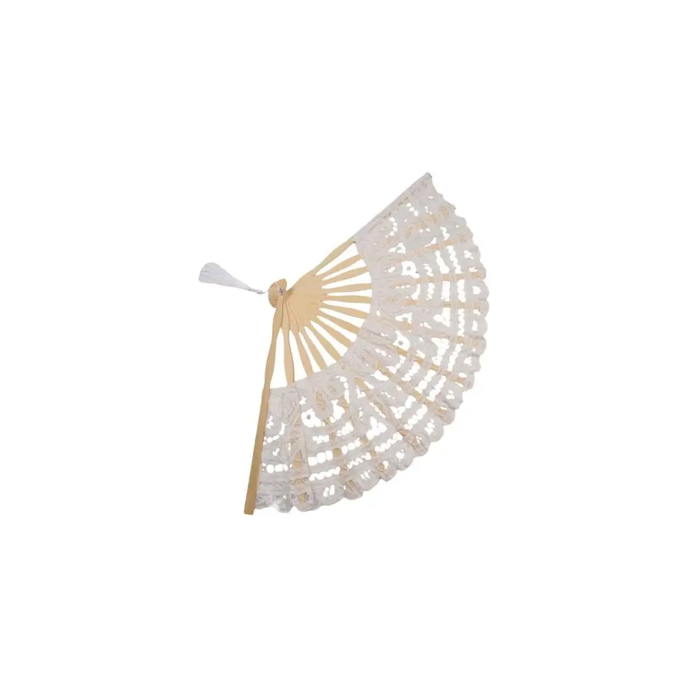 Art Craft Bamboo Handle Vintage Lace Hand Fan European Style with Tassel Embroidered Folding Fan Hand Held Dance Fan Ladies