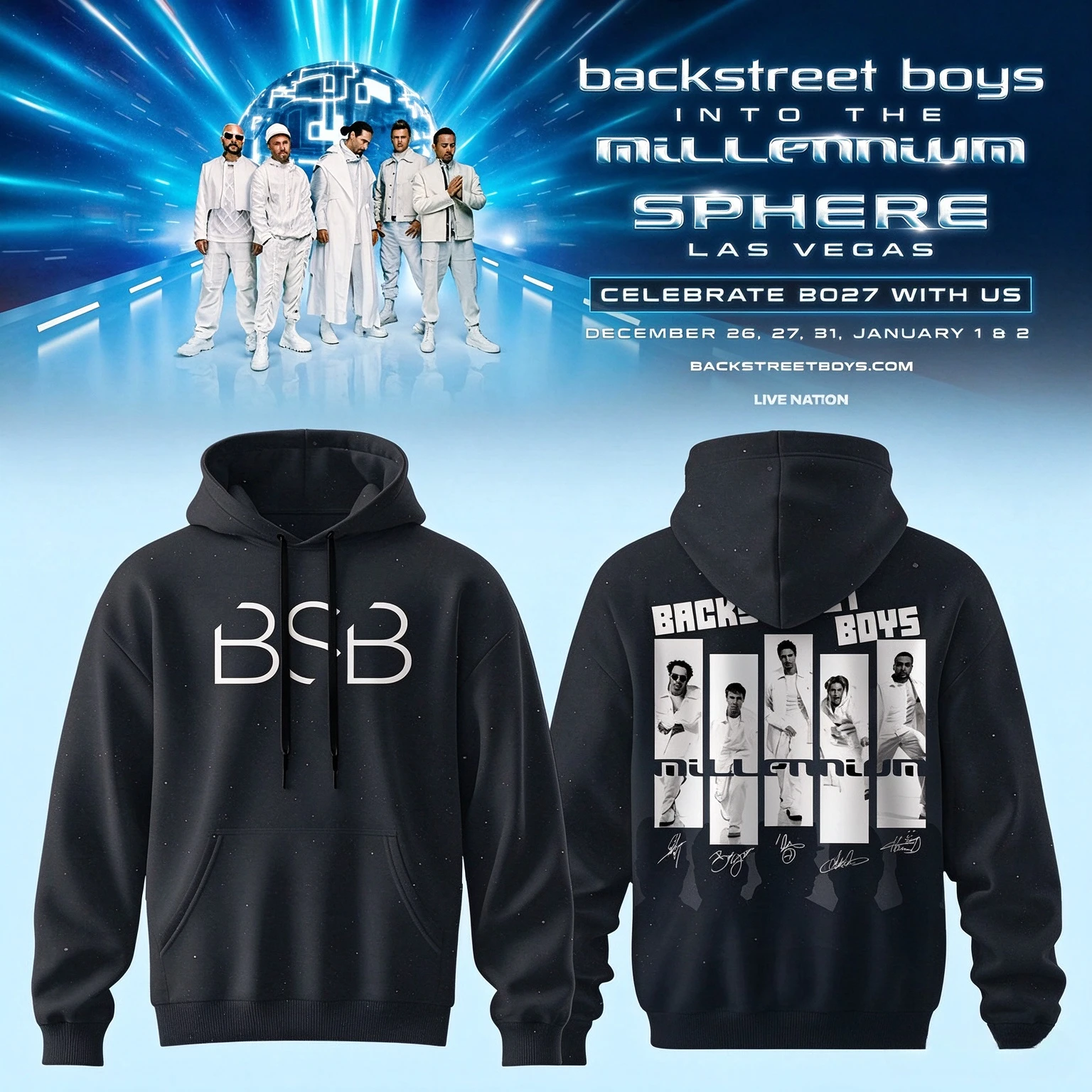 2026 Backstreet Boys Into The Millennium Signature Hoodie Double Sided Graphic Print Oversized Pullover Pop Band Fan Hooded