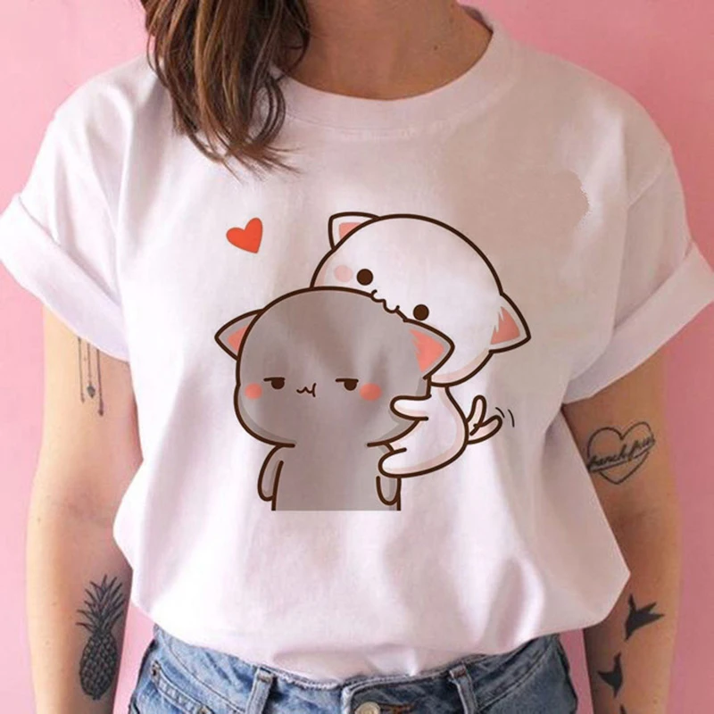 Cute Peach Cat Animal Funny Love Series Print Ladies T-Shirt Casual Basis O-Collar White Shirt Short Sleeve Ladies T-Shirt