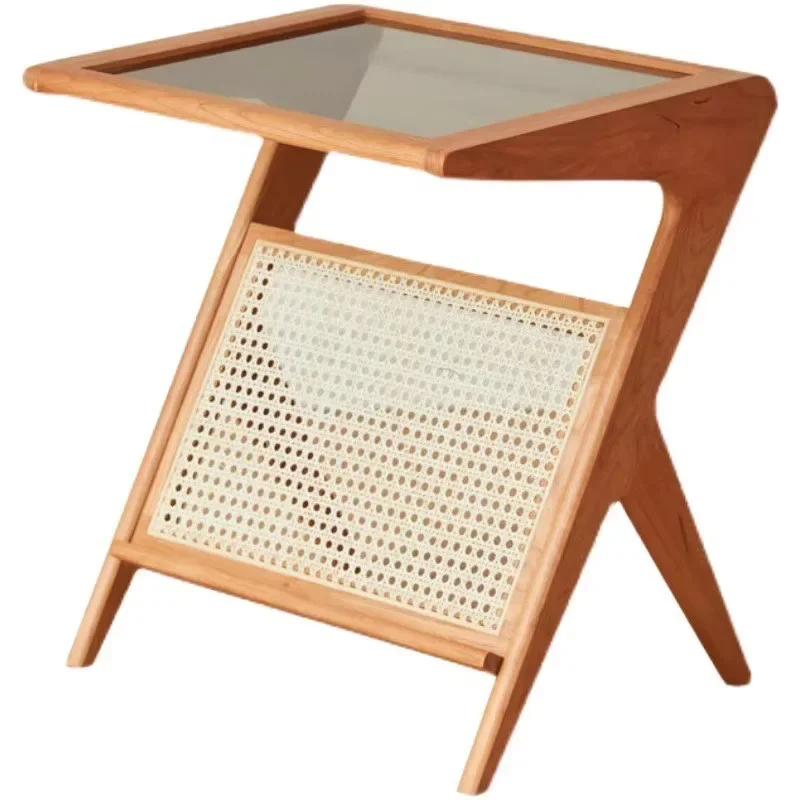 

Nordic solid wood edge, removable cherry wood table, Japanese furniture rattan glass rack