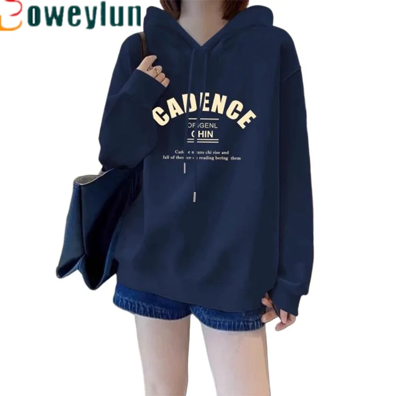 Boweylun American Style Retro Thickened Treasure Blue Hooded Sweater Women Letter Print Jacket Tops Girls