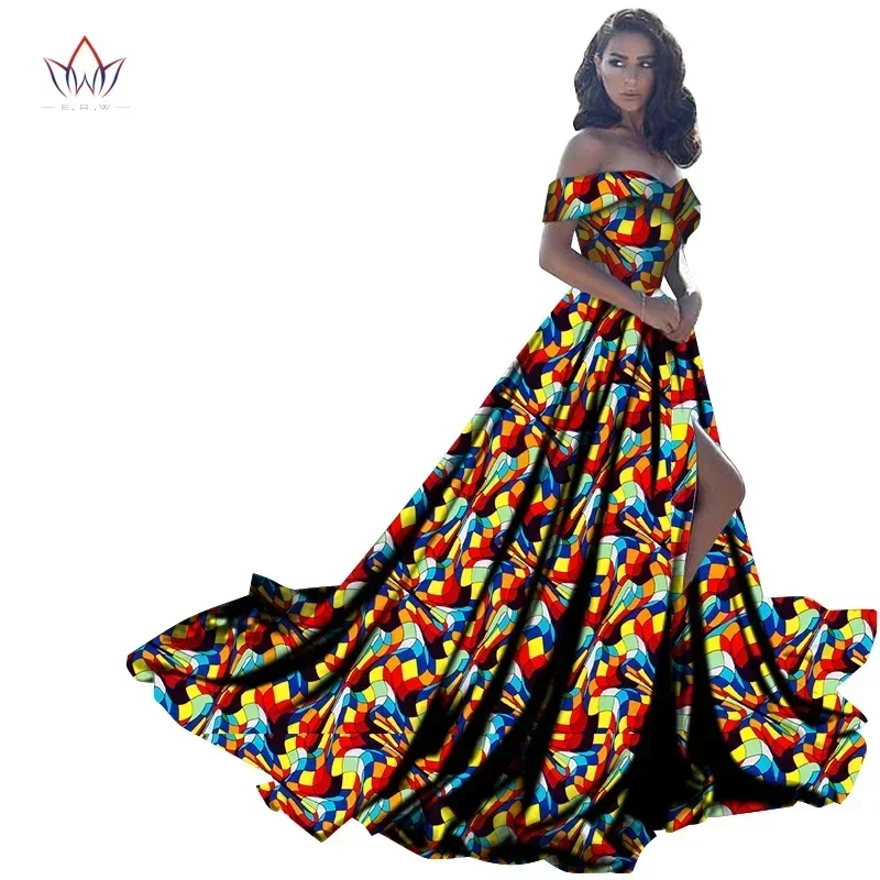 Bintarealwax African Dresses for Women Bazin Off Shoulder High Waist Evening Party Dress Big Swing Hem Long Split Dress WY2734