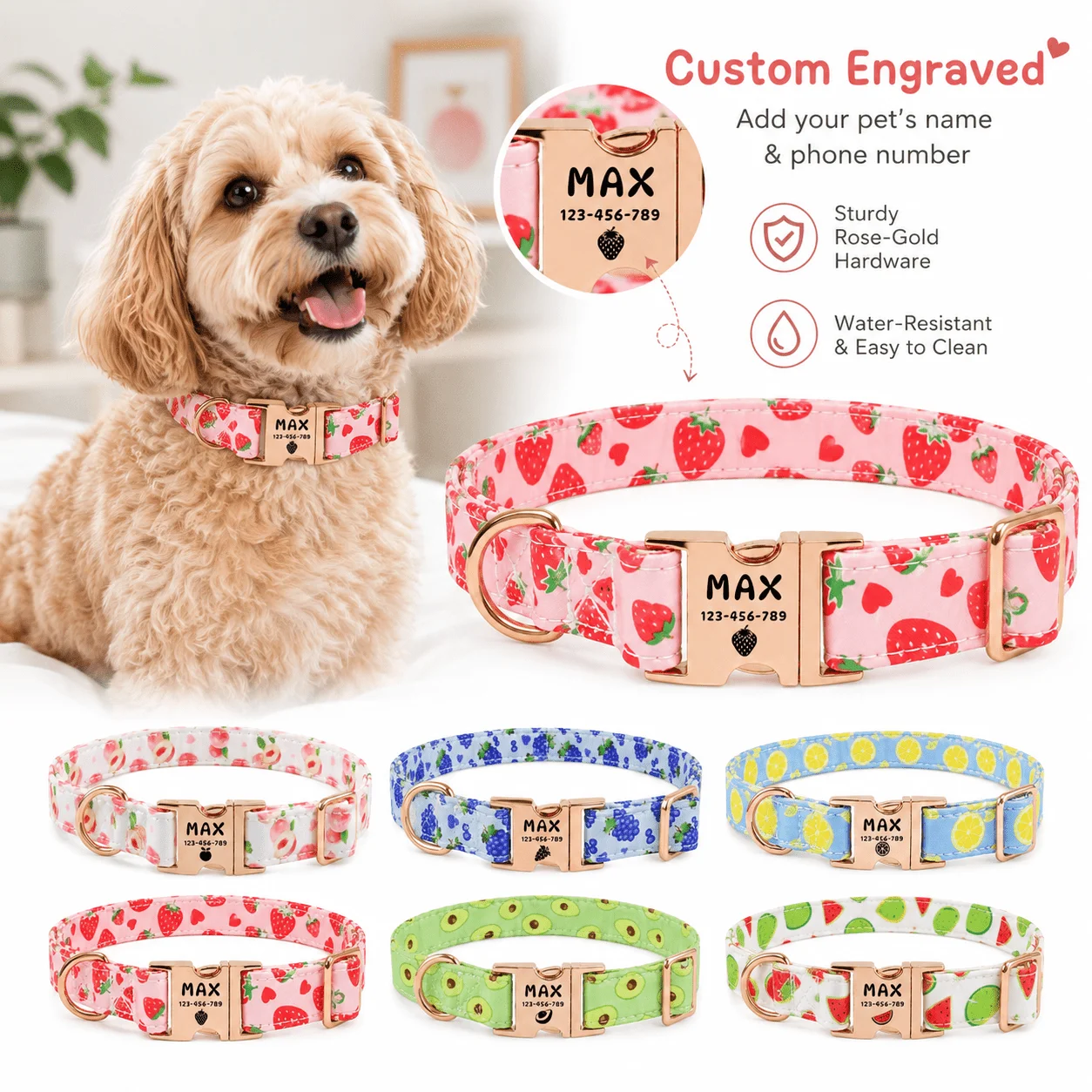 Individuell bedrucktes Haustierhalsband mit Fruchtmotiven, verstellbares Halsband mit passenden Fruchtvektormustern, geeignet für mittelgroße und kleine Hunde und Katzen. – Detail 1